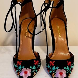 Floral Embroidered Suede Heels
